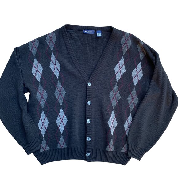 Vintage Van Heusen Mens Argyle Cardigan Sz L Black Button Academia Grandpa - Picture 1 of 11